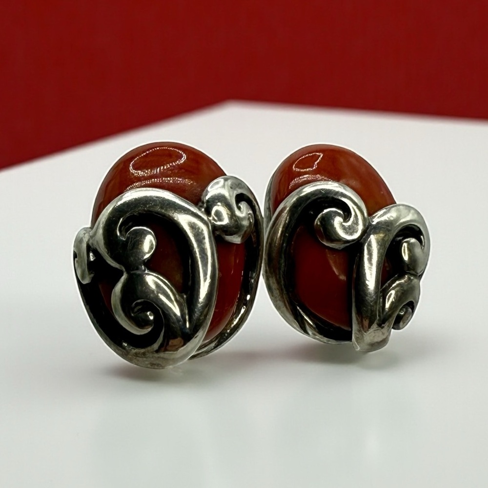 Vintage Sterling Silver Red Gemstone Scroll Earrings – Stamped 925 Thailand